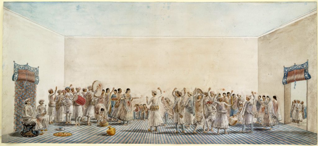 Holi: Holi Being Played in the Courtyard, ca 1795, British Library. Wikimedia Commons (public domain).

