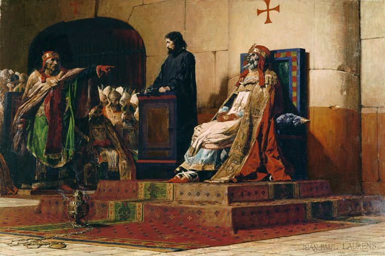 Cadaver Synod: Jean-Paul Laurens, Pope Formosus and Stephen VI (The “Cadaver Synod”), 1870, Musée des Beaux-Arts, Nantes, France.
