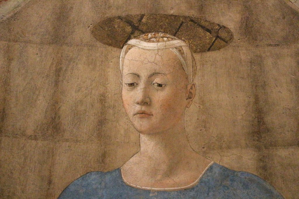 Piero della Francesca: Piero della Francesca, Madonna del Parto, c. 1460, Monterchi, Italy. Detail. Wikimedia Commons (public domain).
