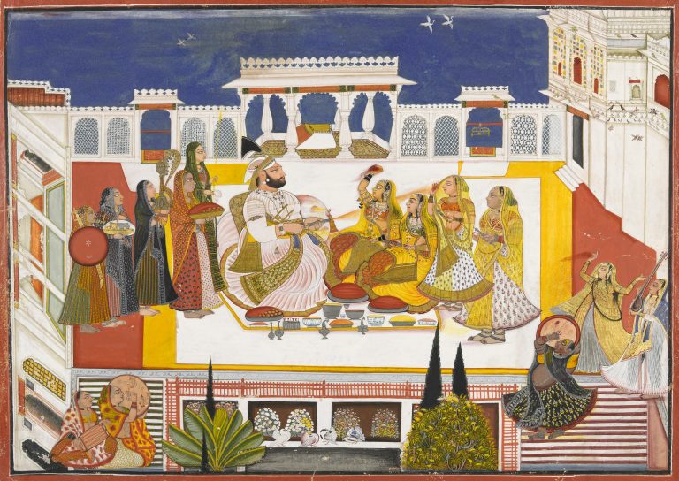 Holi: Devgarh Bagta, Rawat Gokal Das Celebrating Holi in the Zenana, ca. 1808. Bonhams.
