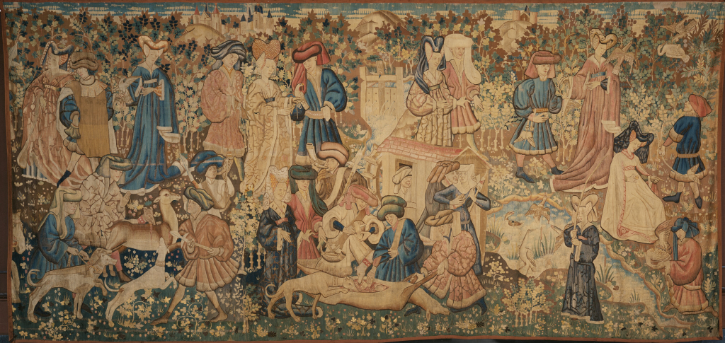 The Devonshire Hunting Tapestries: The Devonshire Hunting Tapestry: Deer Hunt, 1430-1440, probably made in Arras, France, Victoria and Albert Museum, London, UK.
