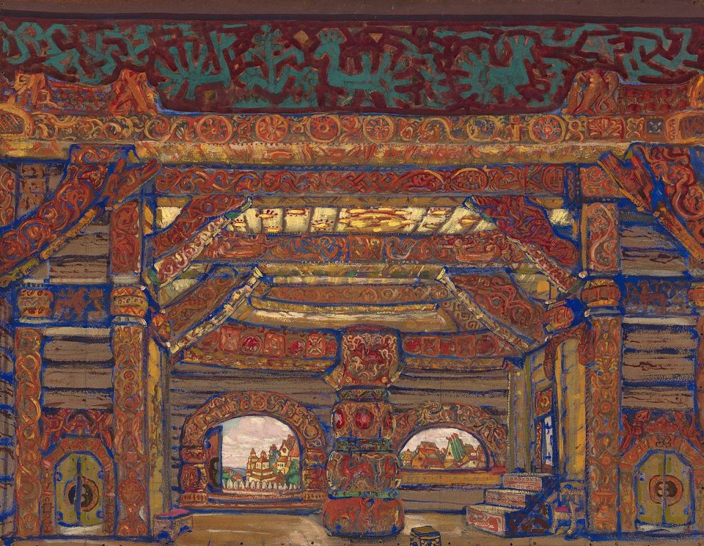 Nicholas Roerich: Nicholas Roerich, The Palace of Tsar Berendey, a set design for A. Ostrovsky’s fairytale, Snegurochka, ca. 1919, Wikimedia Commons (public domain).

