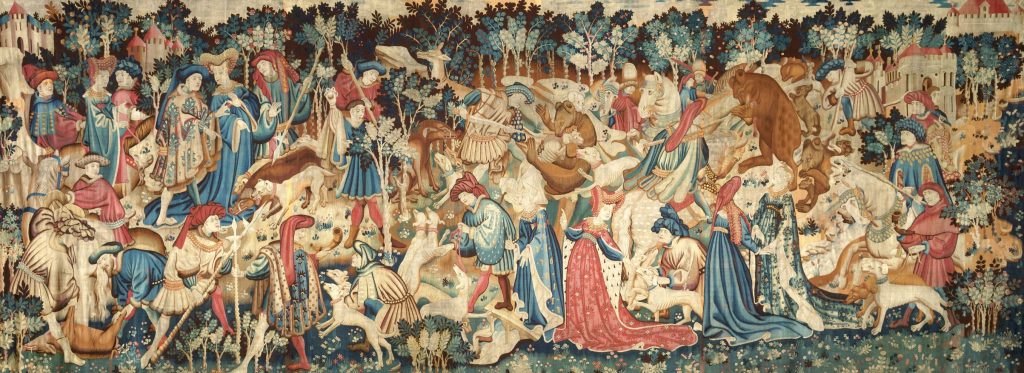 famous tapestries: The Devonshire Hunting Tapestry: Boar and Bear Hunt, 1425-1430, probably made in Arras, France. Victoria and Albert Museum, London.
