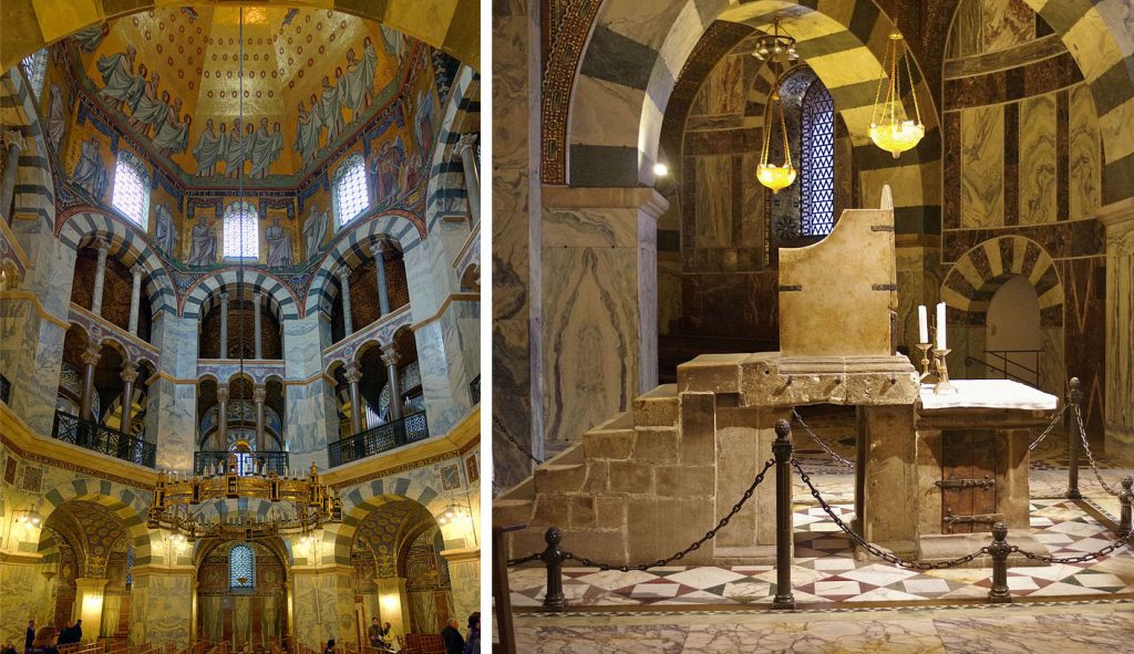 Cadaver Synod: Left: Odo of Metz, Interior of Palatine Chapel, Aachen, consecrated in 805.
Right: Throne of Charlemagne, Aachen Cathedral, Germany. Photos by Velvet/Berthold Werner via Wikimedia Commons.
