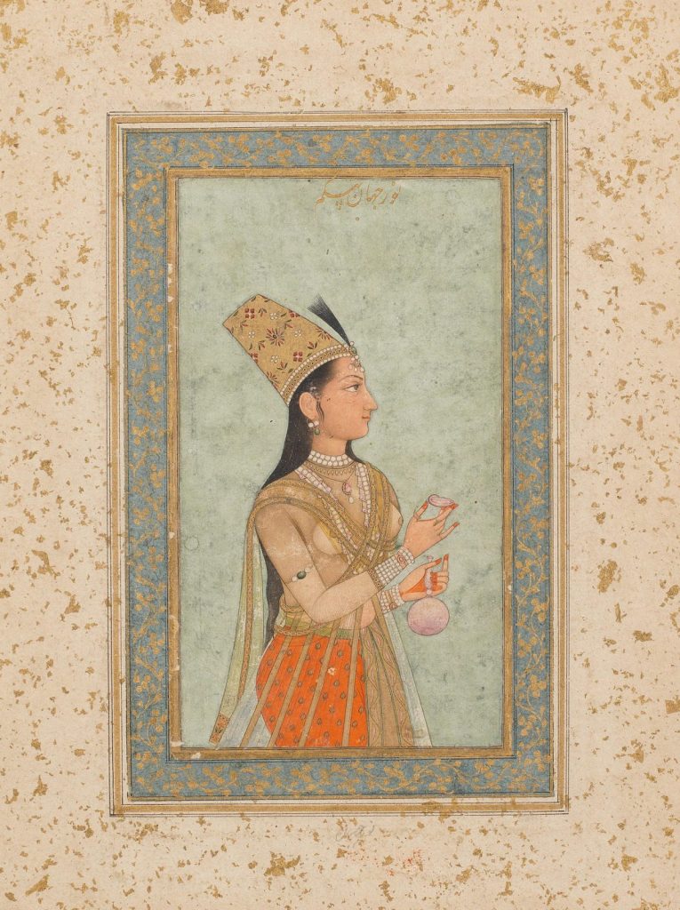 jahangir cups: Nur Jahan Begum, wife of the Mughal Emperor Jahangir, holding a bottle and a wine cup, ca. late 17th and 18th century, private collection. Bonhams.
