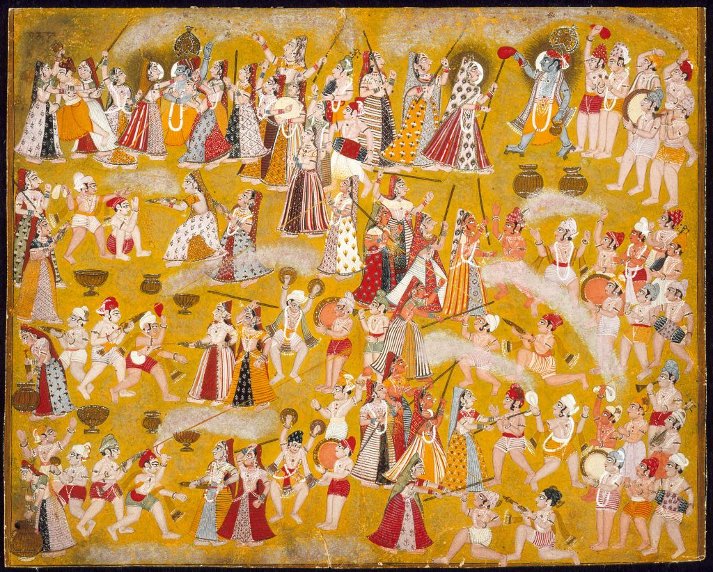 Holi: Krishna and Radha Celebrating the Holi Festival with Companions, ca. 1750, Los Angeles County Museum of Art, Los Angeles, CA, USA.
