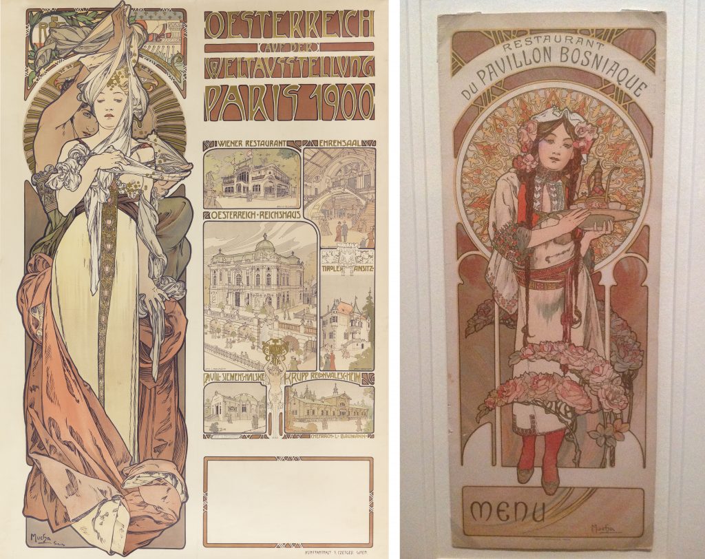 Mucha's Pan-Slavic Posters: Left: Alphonse Mucha, Poster for the Austrian Pavilion at the Paris Exhibition 1900, 1900, Princeton University Art Museum, Princeton, NJ, USA. Right: Alphonse Mucha, Menu for the Bosnian Pavilion Restaurant at the Paris Exhibition 1900, 1900. Photograph by SiefkinDR via Wikimedia Commons.
