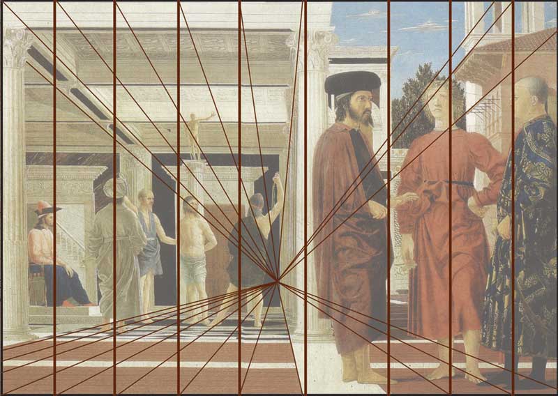 Piero della Francesca: Piero della Francesca, Flagellation of Christ, 1455-1460, Galleria Nazionale delle Marche, Urbino, Italy. Reproductions d’Oeuvres.
