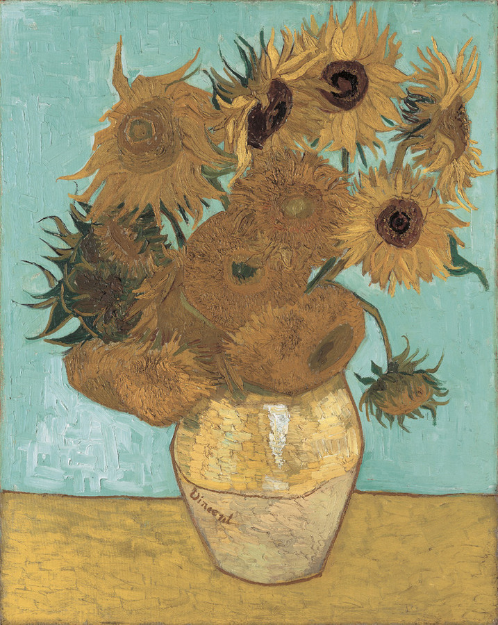 Van Gogh flowers: Vincent van Gogh, Sunflowers, 1888, Neue Pinakothek, Munich, Germany.
