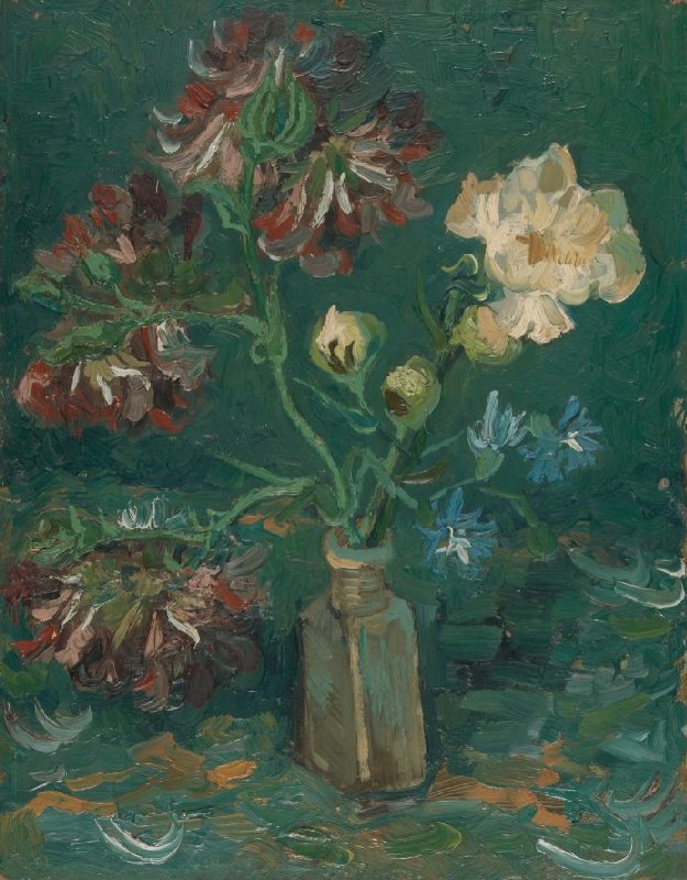 Van Gogh flowers: Vincent van Gogh, Small Bottle with Peonies and Blue Delphiniums, 1886, Van Gogh Museum, Amsterdam, The Netherlands.
