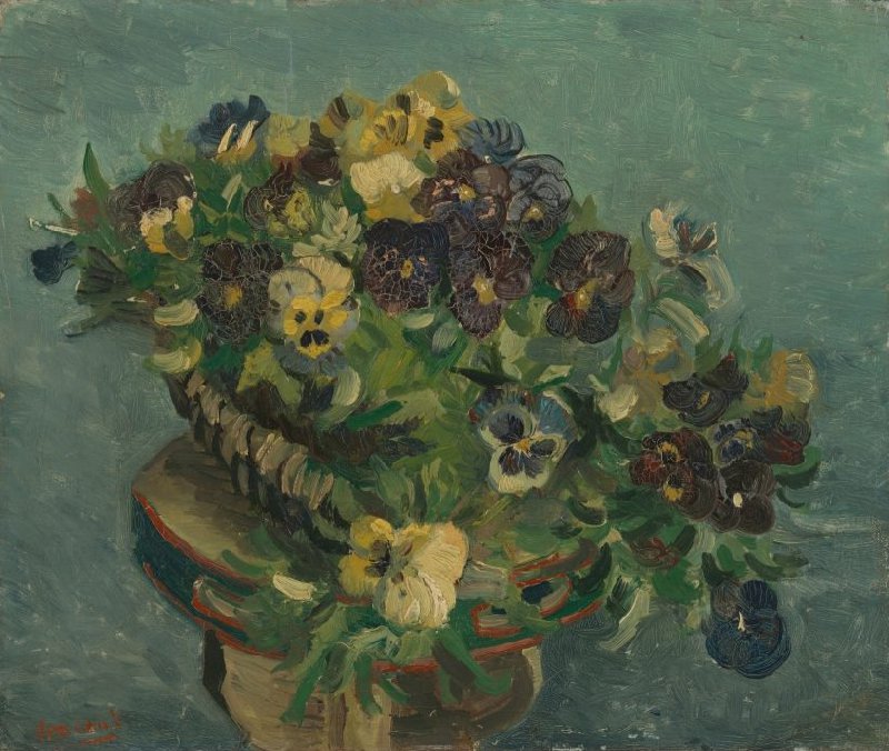 Van Gogh flowers: Vincent van Gogh, Basket of Pansies, 1887, Van Gogh Museum, Amsterdam, The Netherlands.
