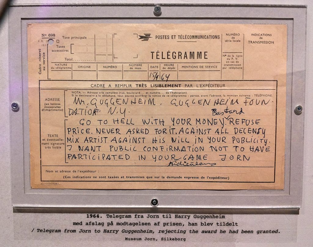 CoBrA: Asger Jorn’s telegram to Harry Guggenheim, Museum Jorn, Silkeborg, Denamark. Photograph by Kasperhj (CC BY-SA 4.0).
