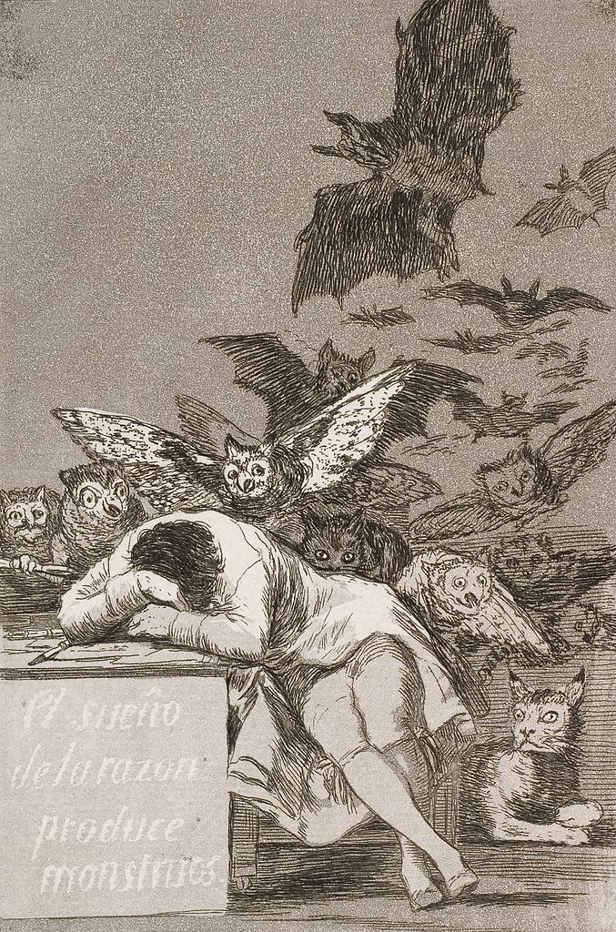Romanticism: Francisco de Goya, The Sleep of Reason Produces Monsters (No. 43), from Los Caprichos, 1799, The Nelson-Atkins Museum of Art, Kansas City, MO, USA.

