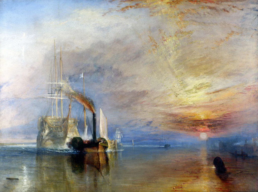 Romanticism: J.M.W. Turner, The Fighting Temeraire Tugged to Her Last Berth to Be Broken Up, 1838, 1839, National Gallery, London, UK.
