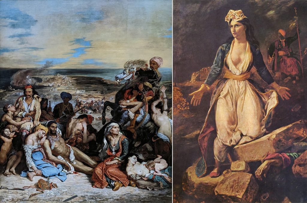 Romanticism: Left: Eugène Delacroix, The Massacre at Chios, 1824, Louvre, Paris, France. Right: Eugène Delacroix, Greece on the Ruins of Missolonghi, 1826, Musée des Beaux-Arts de Bordeaux, Bordeaux, France.
