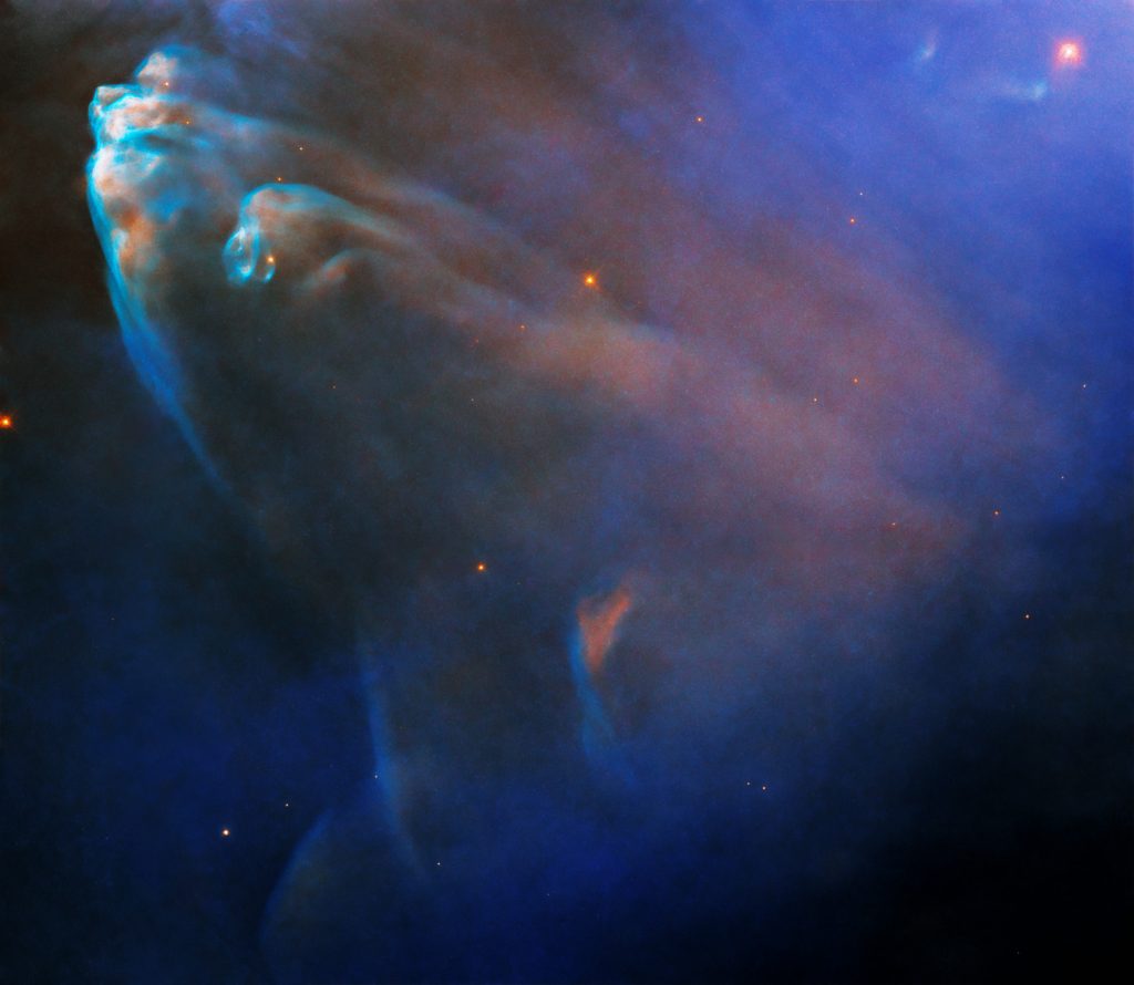 Čiurlionis space: Shock Wave of Colliding Gases in Running Man Nebula, 2021, Photographed by Hubble Telescope. Credits: NASA, ESA, J. Bally (University of Colorado at Boulder), and DSS; Processing: Gladys Kober (NASA/Catholic University of America). Source: NASA’s website.
