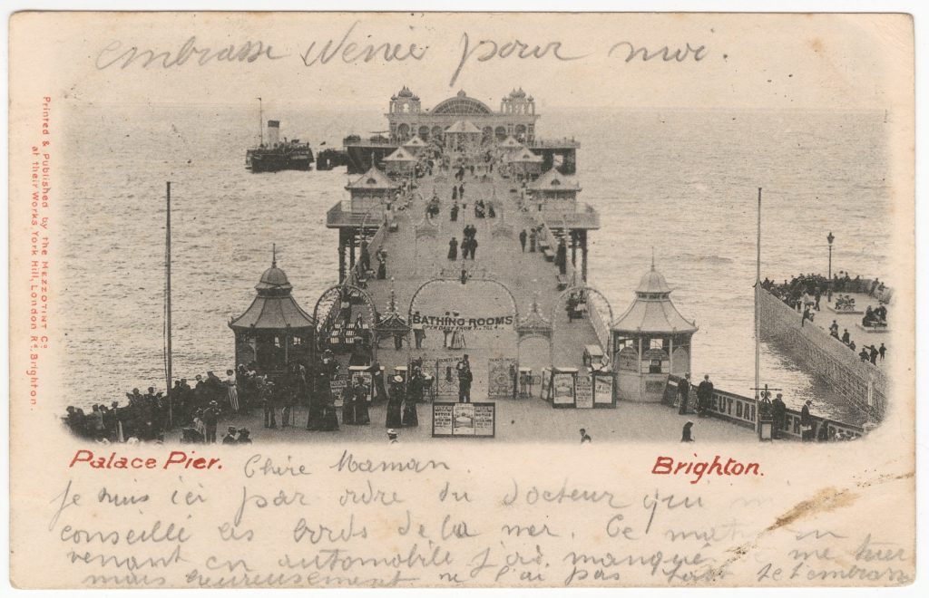 Victorian postcards: Palace Pier, Brighton Postcard postcard, 1902. The Postal Museum.
