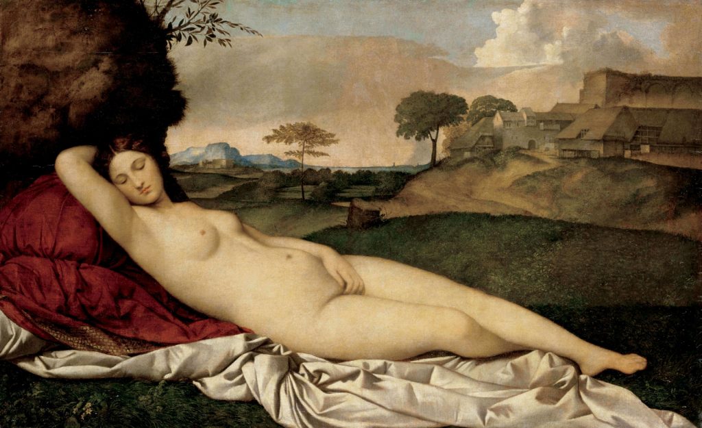 Giorgione Sleeping Venus: Giorgione and Titian, Sleeping Venus, 1508-1510, Gemäldegalerie Alte Meister, Dresden, Germany.
