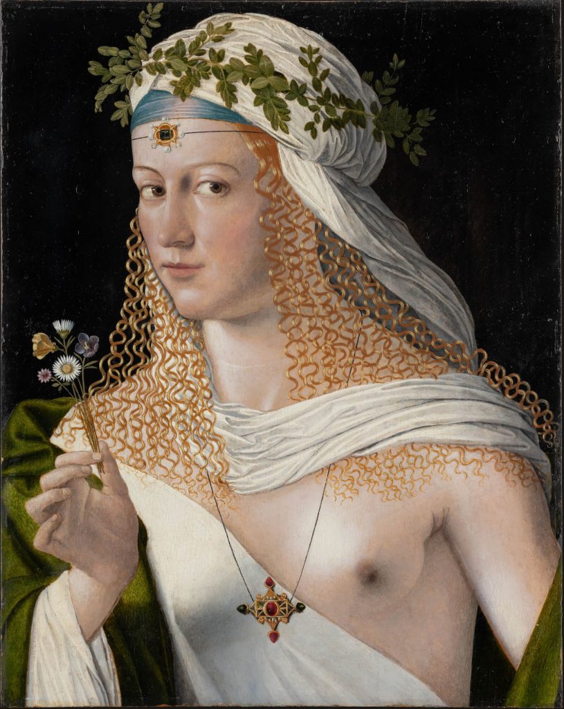 Bacchus and Ariadne: Bartolomeo Veneto, Portrait of Lucrezia Borgia, ca 1520, Städel Museum, Frankfurt, Germany.
