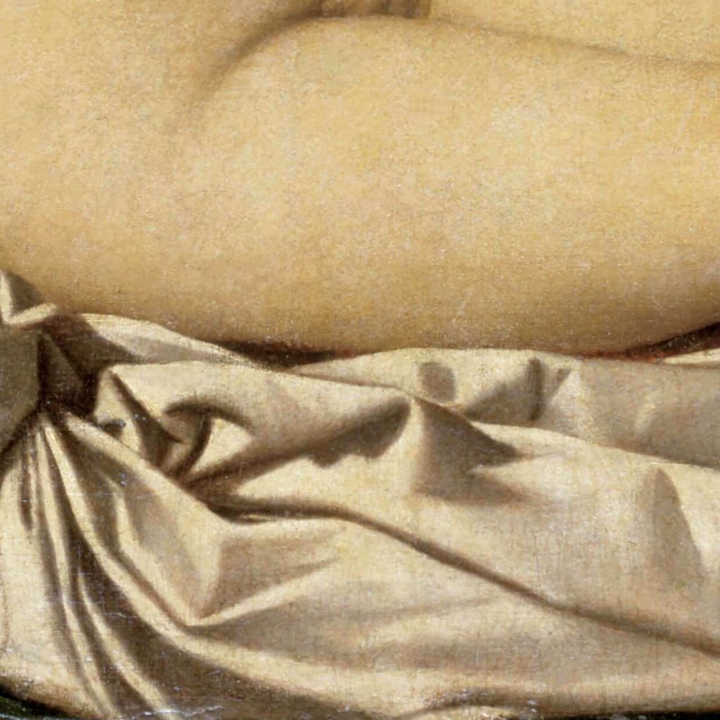 Giorgione Sleeping Venus: Giorgione and Titian, Sleeping Venus, 1508-1510, Gemäldegalerie Alte Meister, Dresden, Germany. Detail.
