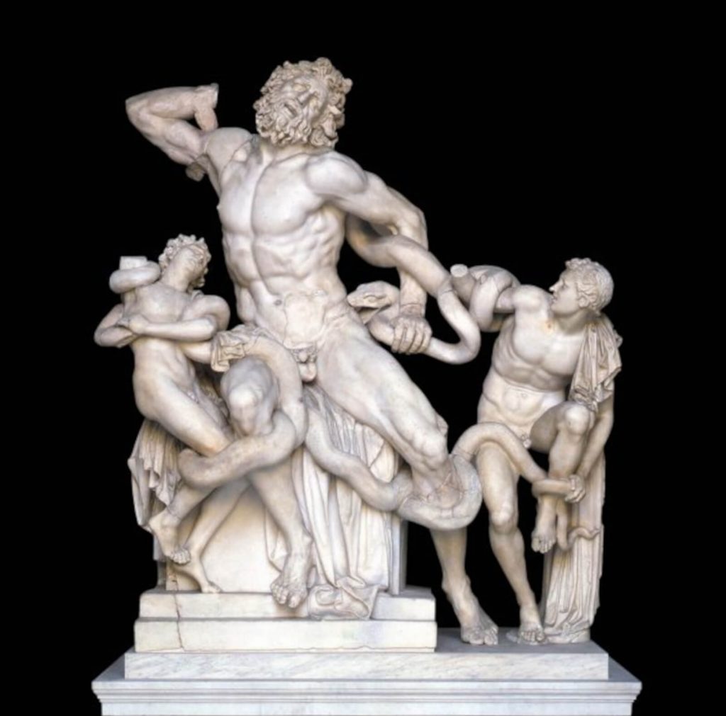 Michelangelo forger of antiques: Athanodoros, Polydoros, and Agesander of Rhodes, Laocoön and his sons, copy after an Hellenistic, Pio-Clementine Museum, Rome, Italy.
