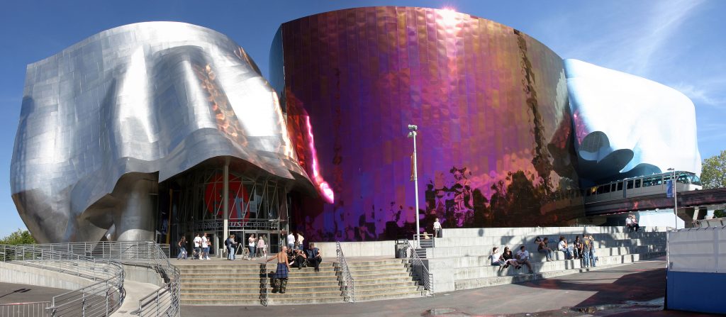Frank Gehry: Frank Gehry, Museum of Pop Culture, Seattle, WA, USA. Photo by Cacophony via Wikimedia Commons (CC BY-SA 3.0).
