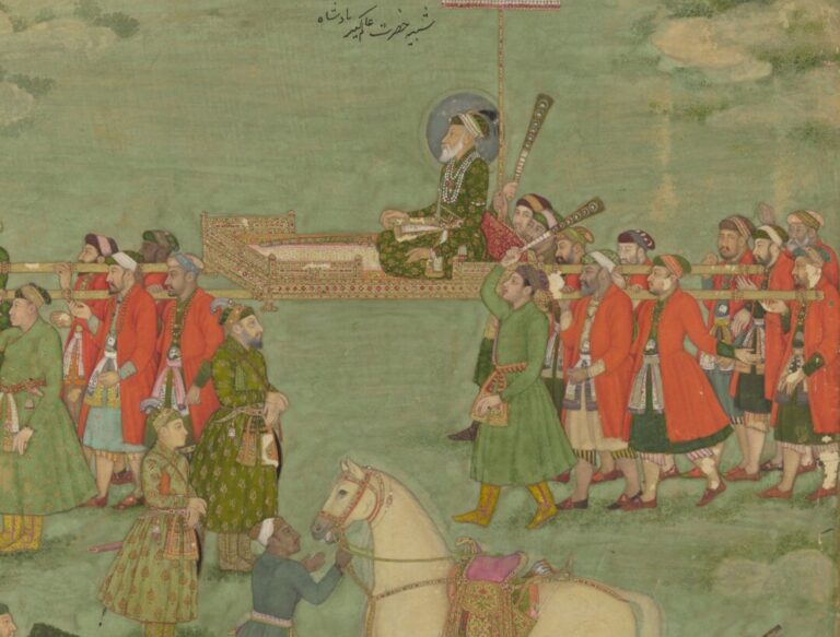 Aurangzeb Mughal art: Bhavanidas, Aurangzeb Carried on a Palanquin, ca. 1705–1720, Metropolitan Museum of Art, New York City, NY, USA. Detail.
