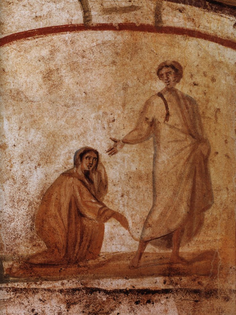 Fall of Rome art: Jesus Healing the Bleeding Woman, ca. 300-350 CE, Catacombs of Marcellinus and Peter, Rome, Italy. Wikimedia Commons (public domain).
