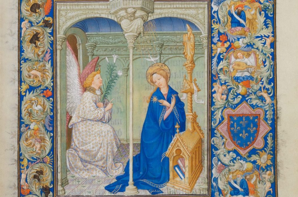 Medieval artists: Herman, Paul, and Jean de Limbourg, The Annunciation in The Belles Heures of Jean de France, 1405–1408/1409. The Metropolitan Museum of Art, New York. Detail.
