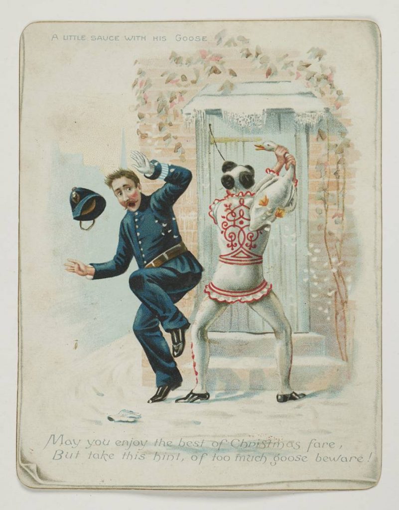 Victorian postcards: Victorian Christmas Card with a Police Constable and a Clown, Museum of London, London, UK.
