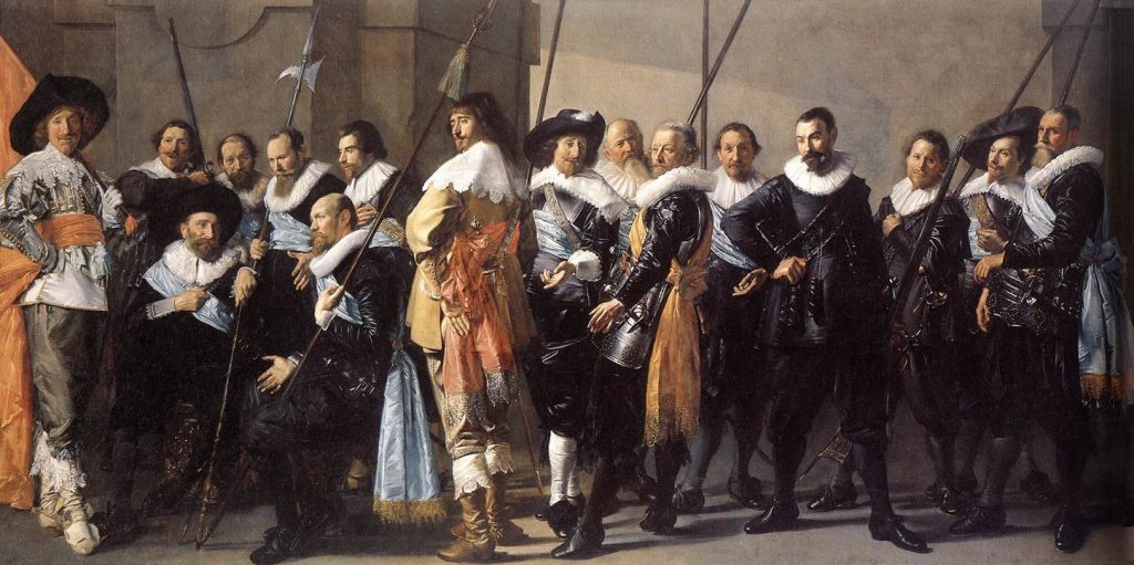 frans hals: Frans Hals (and Pieter Codde), The Meagre Company or Officers and Other Guardsmen of the XIth District of Amsterdam, under the Command of Captain Reijnier Reael and Lieutenant Cornelis Michielsz Blaeuw, 1637, Rijksmuseum, Amsterdam, The Netherlands.
