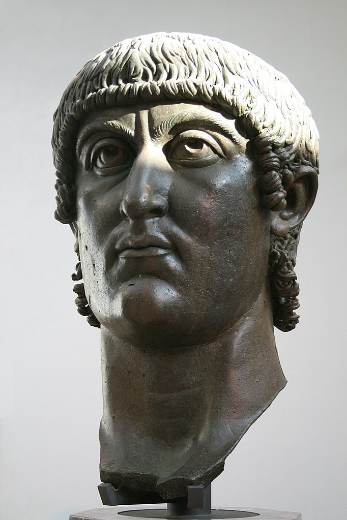 Fall of Rome art: Head of Emperor Constantine I, ca. 4th century CE, Capitoline Museums, Rome, Italy. Photograph by Jean-Pol Grandmont via Wikimedia Commons (CC BY-SA 3.0).
