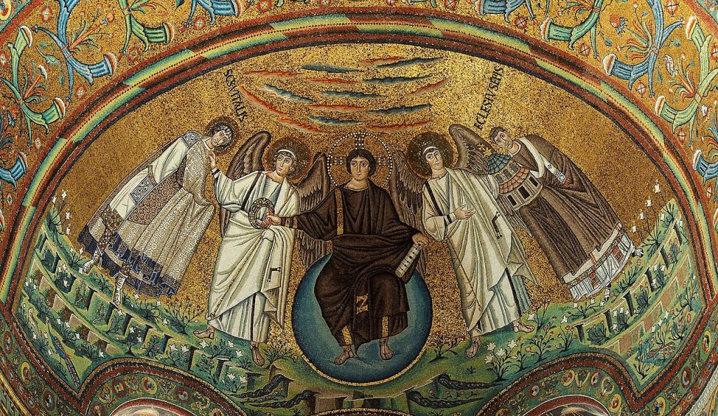 Fall of Rome art: Apse mosaic featuring Jesus Christ at Basilica of San Vitale, ca. 547 CE, Ravenna, Italy. Photograph by Petar Milošević via Wikimedia Commons (CC BY-SA 4.0).
