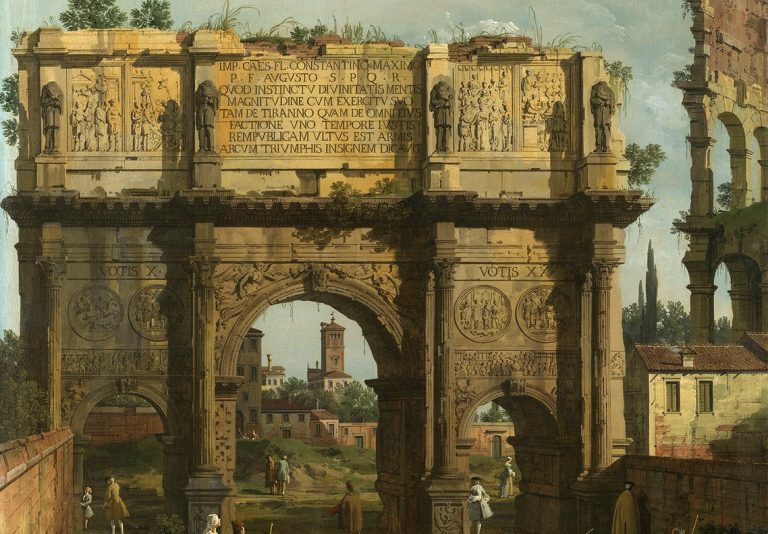 Fall of Rome art: Canaletto, The Arch of Constantine (Detail), ca. 1742. Royal Collection, United Kingdom. Wikimedia Commons.
