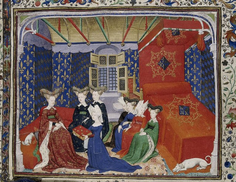 Cities Of Women: Anastasia, Christine de Pizan Presenting Her Book to Queen Isabeau (detail from The Queen’s Manuscript), 1410-1414, British Library, London, UK.
