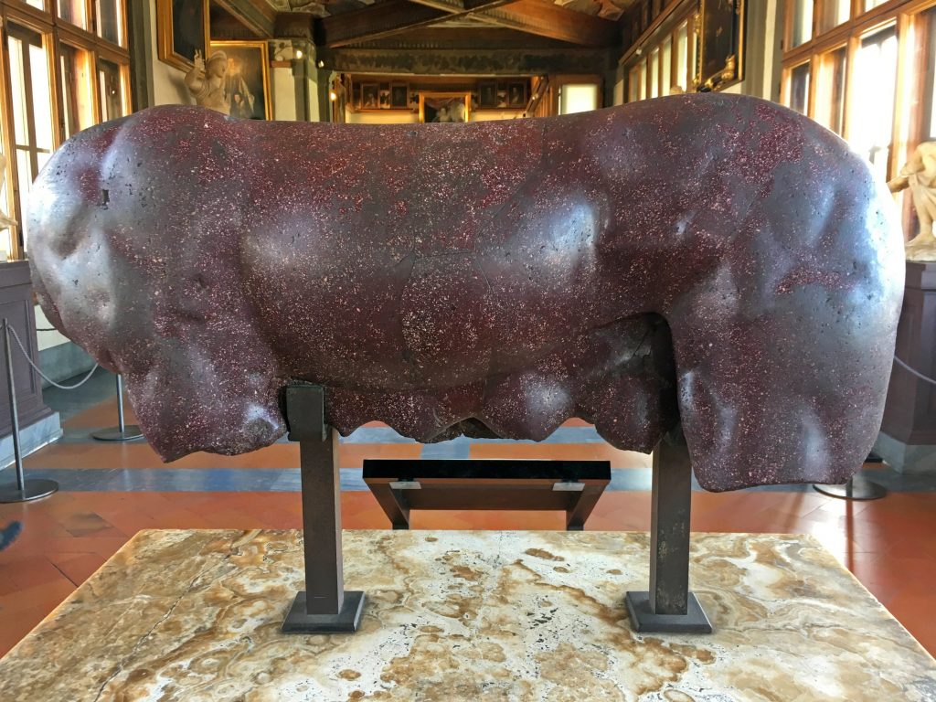red porphyry: Remains of in ‘Lupa’ (She Wolf) in red porphyry, Uffizi Gallery, Florence, Italy. Photograph by Gareth Harney (@OptimoPrincipi on X), April 2020.
