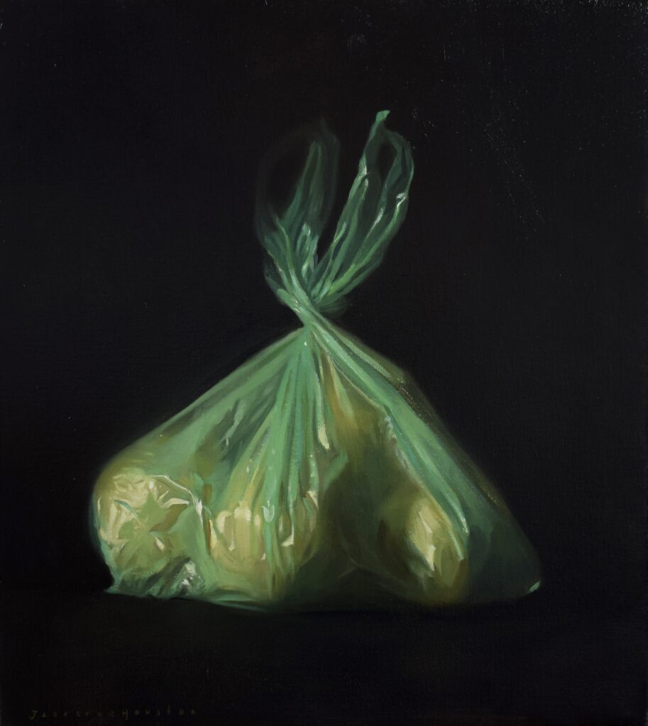 Florence Houston: Florence Houston, Grapefruit in Green Plastic, oil on canvas, 2023. Courtesy of the J/M Gallery, London.
