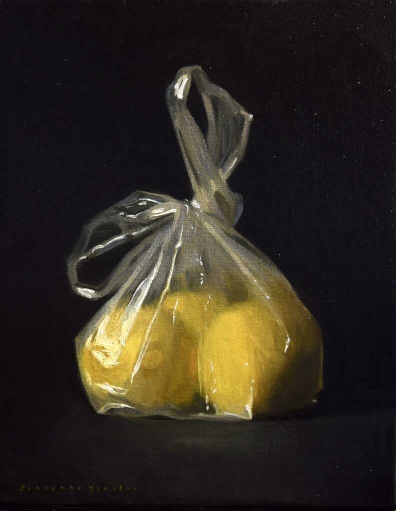 Florence Houston: Florence Houston, Grapefruit in Plastic, oil on canvas, 2023. Courtesy of the J/M Gallery, London.
