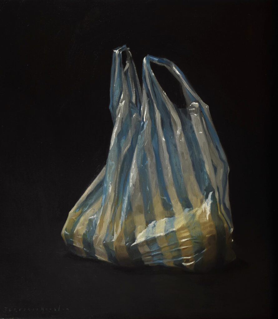 Florence Houston: Florence Houston, Lemons in Striped Plastic, oil on canvas, 2023. Courtesy of the J/M Gallery, London.
