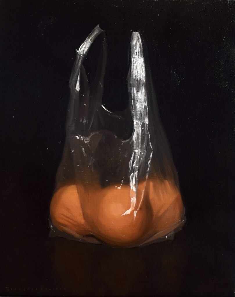 Florence Houston: Florence Houston, Oranges in Plastic, oil in plastic, 2023. Courtesy of the J/M Gallery, London.
