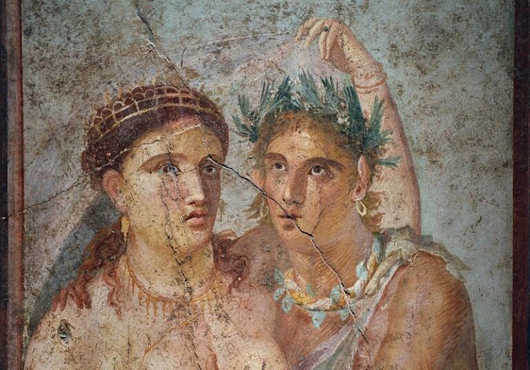 Erotic Art Pompeii Herculaneum: Fragment of wall painting depicting a satyr and a maenad, House of Caecilius Jucundus in Pompeii, Naples National Archaeological Museum, Naples, Italy. Photograph by Carole Raddato via Wikimedia Commons (CC BY-SA 2.0).
