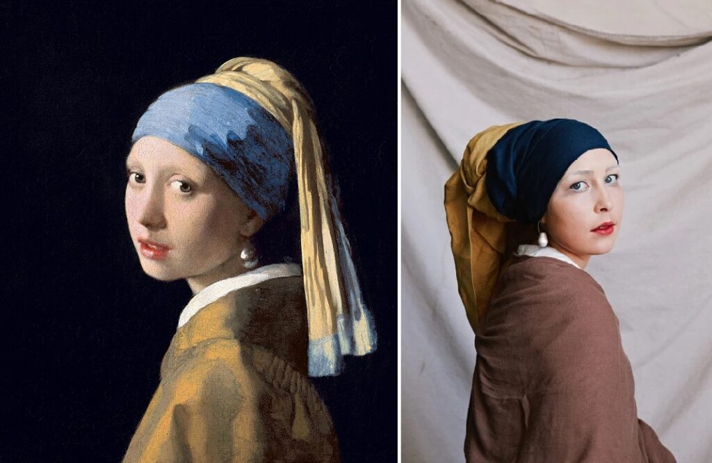 Halloween artsy costume: Left: Johannes Vermeer, Girl with a Pearl Earring, 1665-1667, Mauritshuis, The Hague, Netherlands. Right: Girl with a Pearl Earring costume. The house that Lars built.
