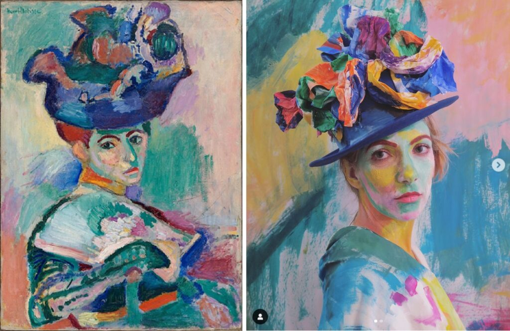Halloween artsy costume: Left: Henri Matisse, Woman with a Hat, 1905, San Francisco Museum of Modern Art, San Francisco, CA, USA. Right: Ariel Adkins, Woman with a hat costume, 2017. Instagram.
