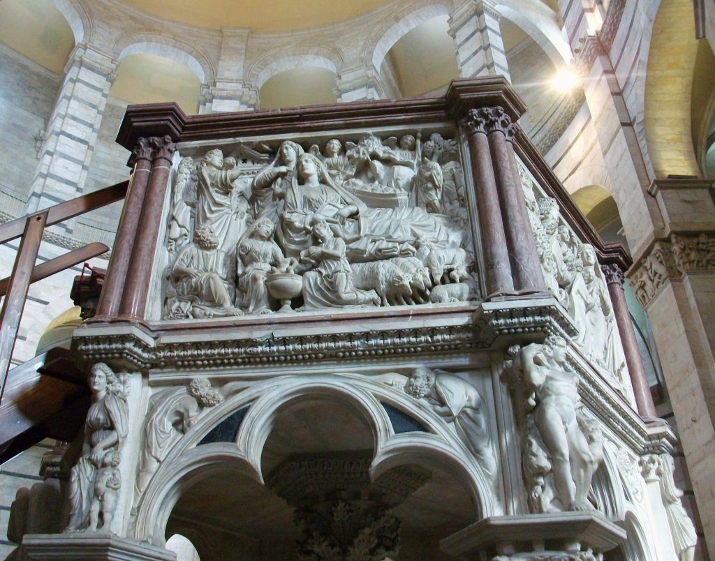 Medieval artists: Nicola Pisano, Annunciation, Nativity, Annunciation to the Shepherds, 1255- 1260, Detail of the marble pulpit, Baptiserty, Pisa, Italy. Photo by Joanbanjo via Wikimedia Commons (CC BY-SA 3.0).
