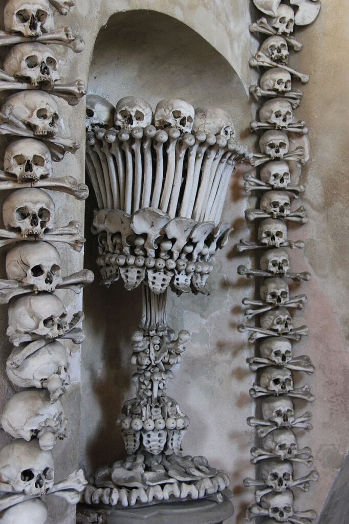 ossuaries: Sedlec Ossuary, Kutná Hora, Czech Republic. Photo by Laika ac via Wikimedia Commons (CC BY-SA 2.0).

