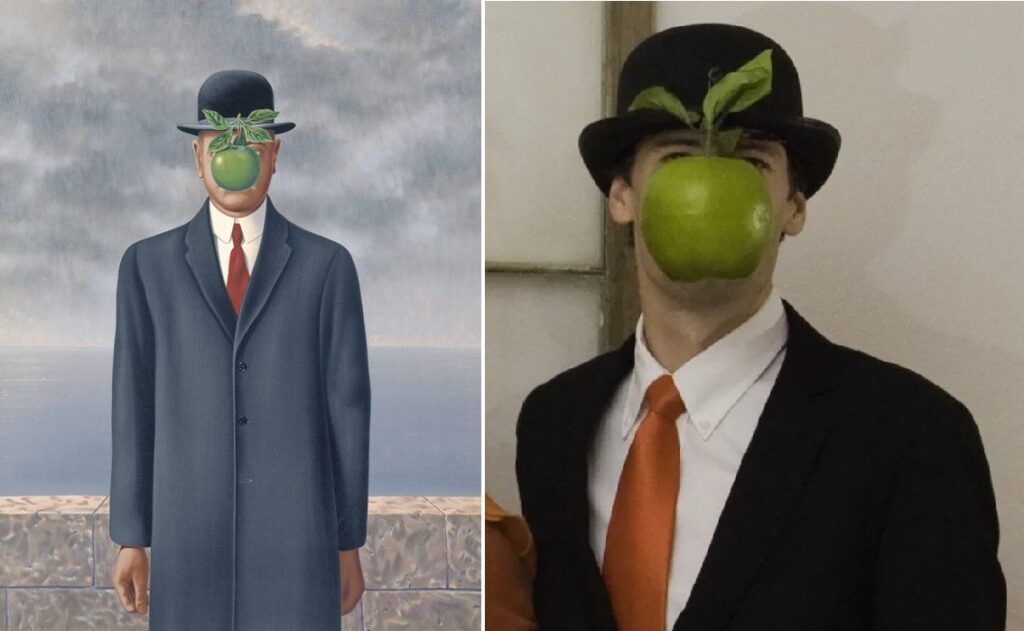 Halloween artsy costume: René Magritte, Son of a Man, 1964, private collection. Wikimedia Commons (public domain). Right: Son of a Man costume. Reddit.
