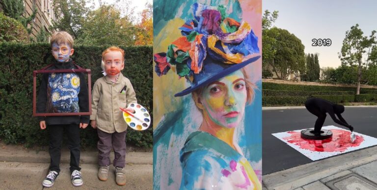 Halloween artsy costume: Left: Van Gogh and His Starry Night children costume. Facebook. Left center: Ariel Adkins, Woman with a hat costume, 2017. Instagram. Right center: Idigcrystals, Can’t Help Myself costume, 2022. TikTok.
