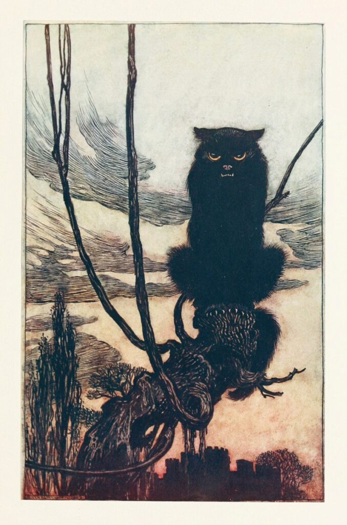 Black Cats art: Arthur Rackham, By day she made herself into a cat, watercolors, in Grimm’s Fairy Tales, Hansel & Grethel & Other Tales, New York Public Library, New York, 1920, p. 16, via  Artvee
