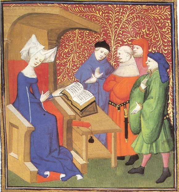 Cities Of Women: Anastasia, Christine de Pizan Instructs Four Men (detail from The Queen’s Manuscript), 1410-1414, British Library, London, UK.
