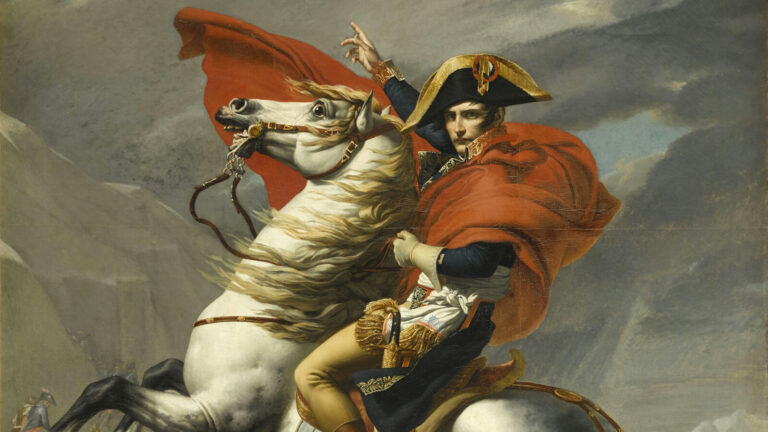 Napoleon Crossing the Alps: Jacques-Louis David, Napoleon Crossing the Alps, 1802, Palace of Versailles, Versailles, France. Detail.
